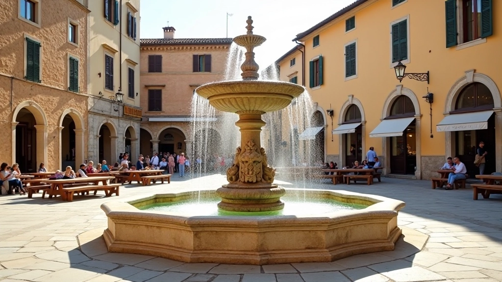 Fontana caratteristica in piazza con dettagli scultorei, panchine per sosta e architettura rinascimentale sullo sfondo