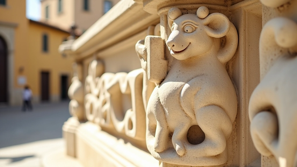 Dettagli scultorei della Fontana Maggiore mostrando figure di animali e rilievi in pietra bianca