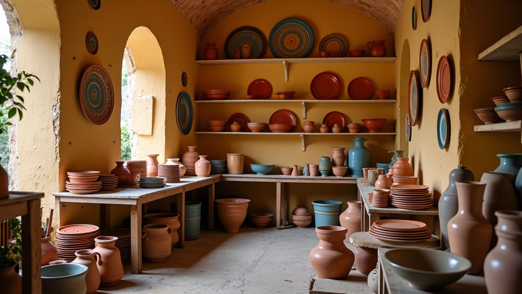 Bottega di ceramiche con piatti e vasi esposti, ruota del vasaio visibile, mani di artigiano al lavoro, luce naturale calda