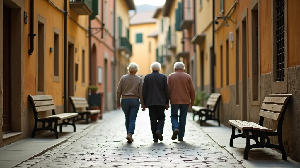 Persone anziane che camminano su strada pavimentata in borgo