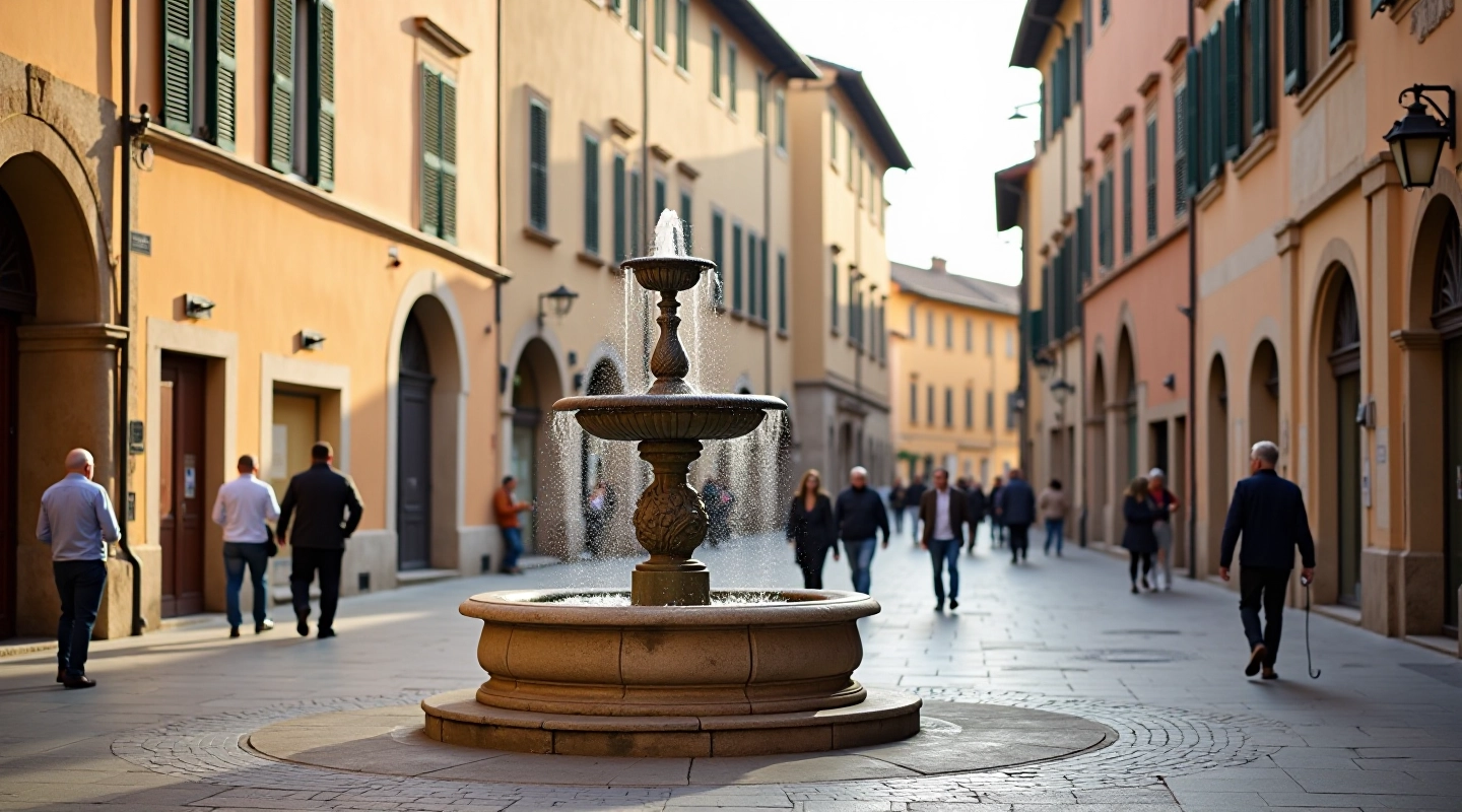 Piazza storica con fontana medievale e vicoli lastricati circondati da edifici antichi in pietra