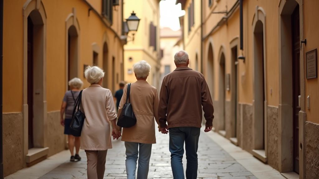Gruppo di persone che cammina in un borgo medievale