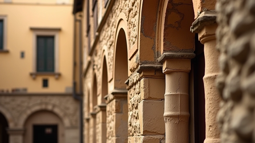 Dettagli architettonici medievali: archi ogivali in pietra, finestre di diverse dimensioni, muri irregolari con texture antica