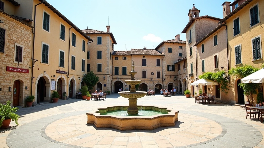 Piazza di un borgo medievale con fontana centrale, case in pietra circostanti, cielo sereno e ombre di mezzogiorno