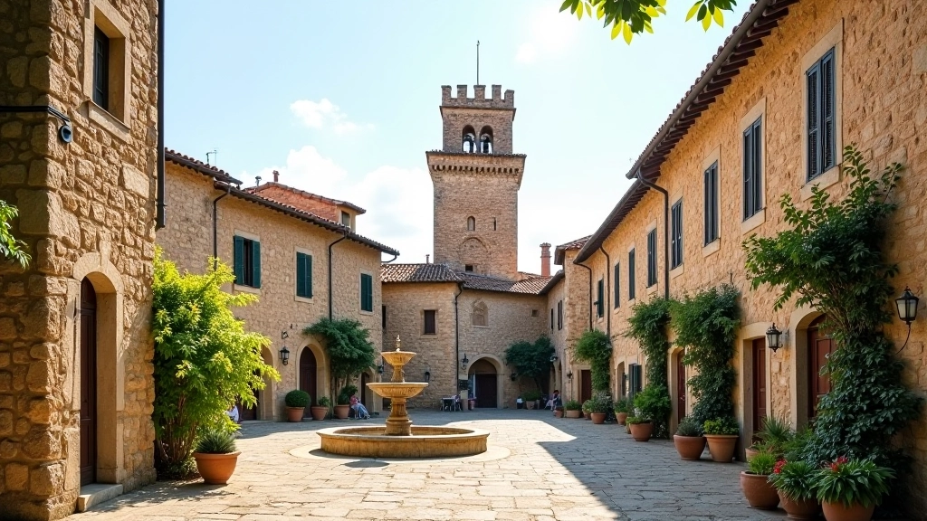 Borgo medievale con torre di guardia, case in pietra con finestre antiche e piazza lastricata con panchine