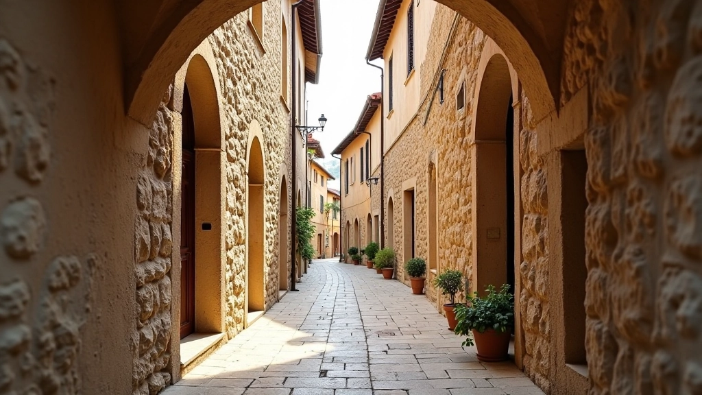 Vicolo medievale stretto con muri di pietra e architetture tradizionali umbre