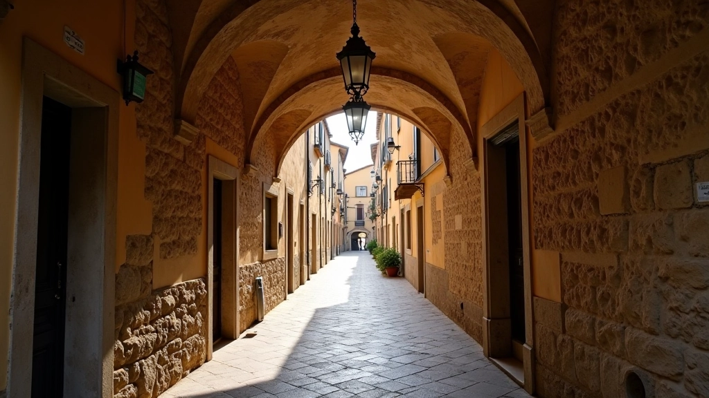 Strette vie medievali con muri di pietra antica, archi e lanterne di ferro battuto appese ai muri