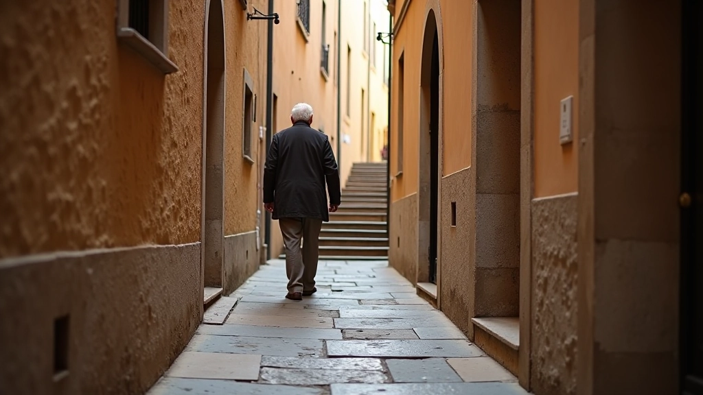 Vicoletto medievale stretto con muri in pietra, scala di accesso e vista verso il centro storico di Perugia