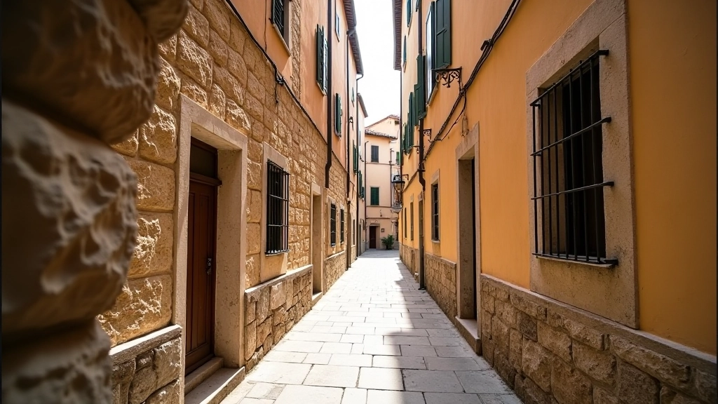 Vicolo medievale stretto con muri in pietra, finestre con grate antiche e luce naturale che filtra dall'alto