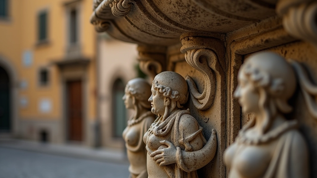 Dettaglio di sculture in pietra su una fontana rinascimentale con rilievi elaborati e patina del tempo