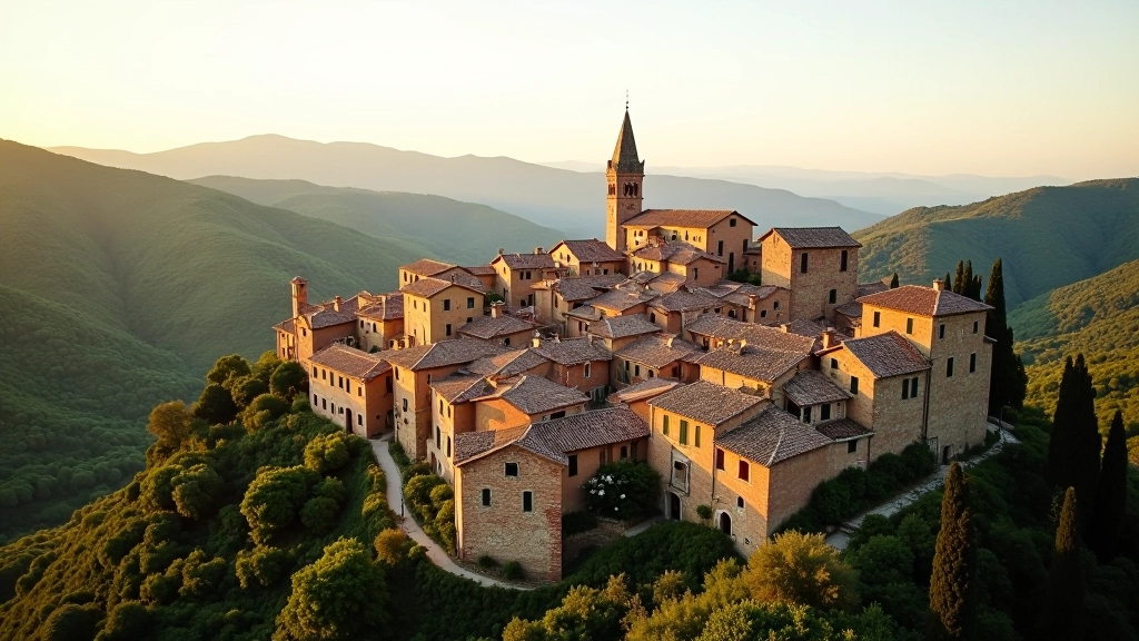 Veduta panoramica di un borgo medievale in collina con case in terracotta e verde circostante