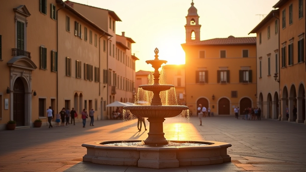 Veduta generale della Piazza del Duomo al tramonto con luci dorate sugli edifici medievali