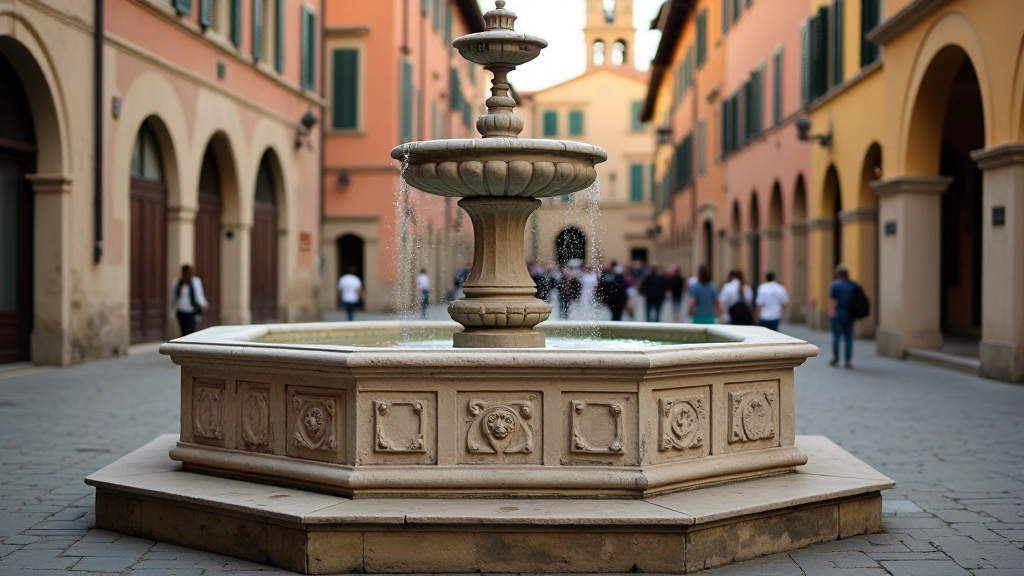 Fontana di Piazza Danti con architettura rinascimentale, bassorilievi decorativi e acqua che scorre, atmosfera medievale perugina