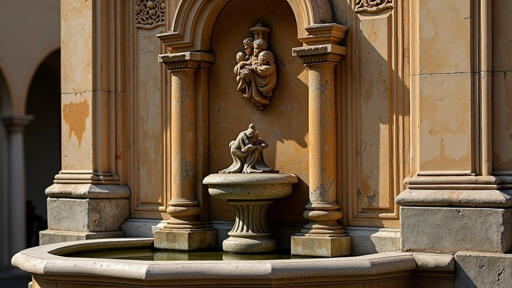 Dettagli architettonici di fontane perugine medievali con sculture, rilievi decorativi e tracce della storia visibile sulla pietra
